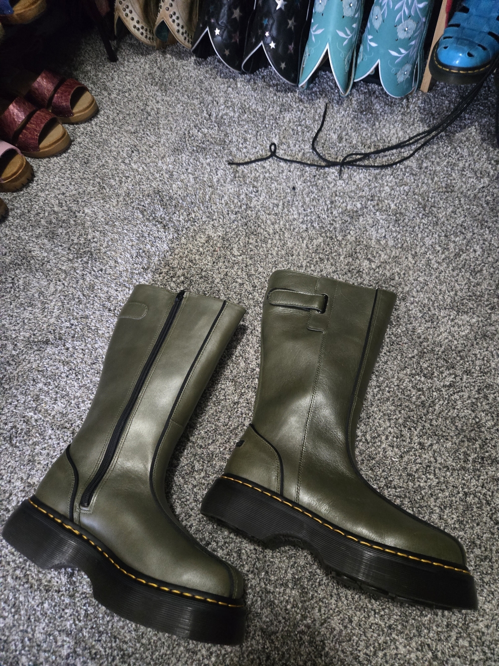 Dr. Martens Olive Green Leather Knee-High Zip Boots with Yellow Stitching - Picture 9 of 16